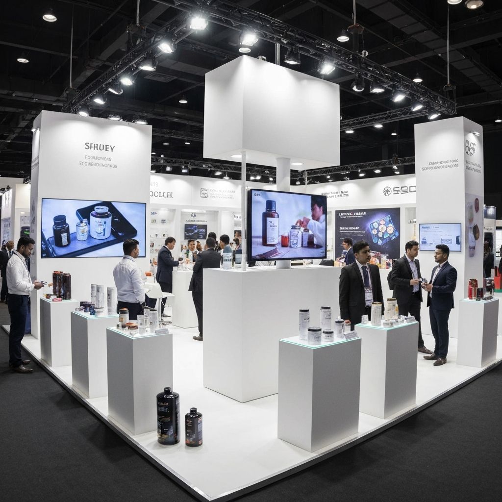 Business attendees discussing exhibition stands at a trade show