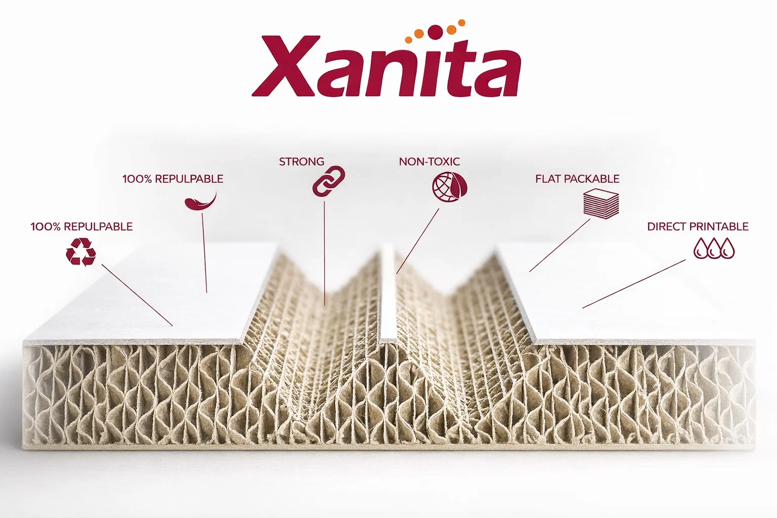 Xanita board cross-section showing recycled kraft paper honeycomb core with labelled properties
